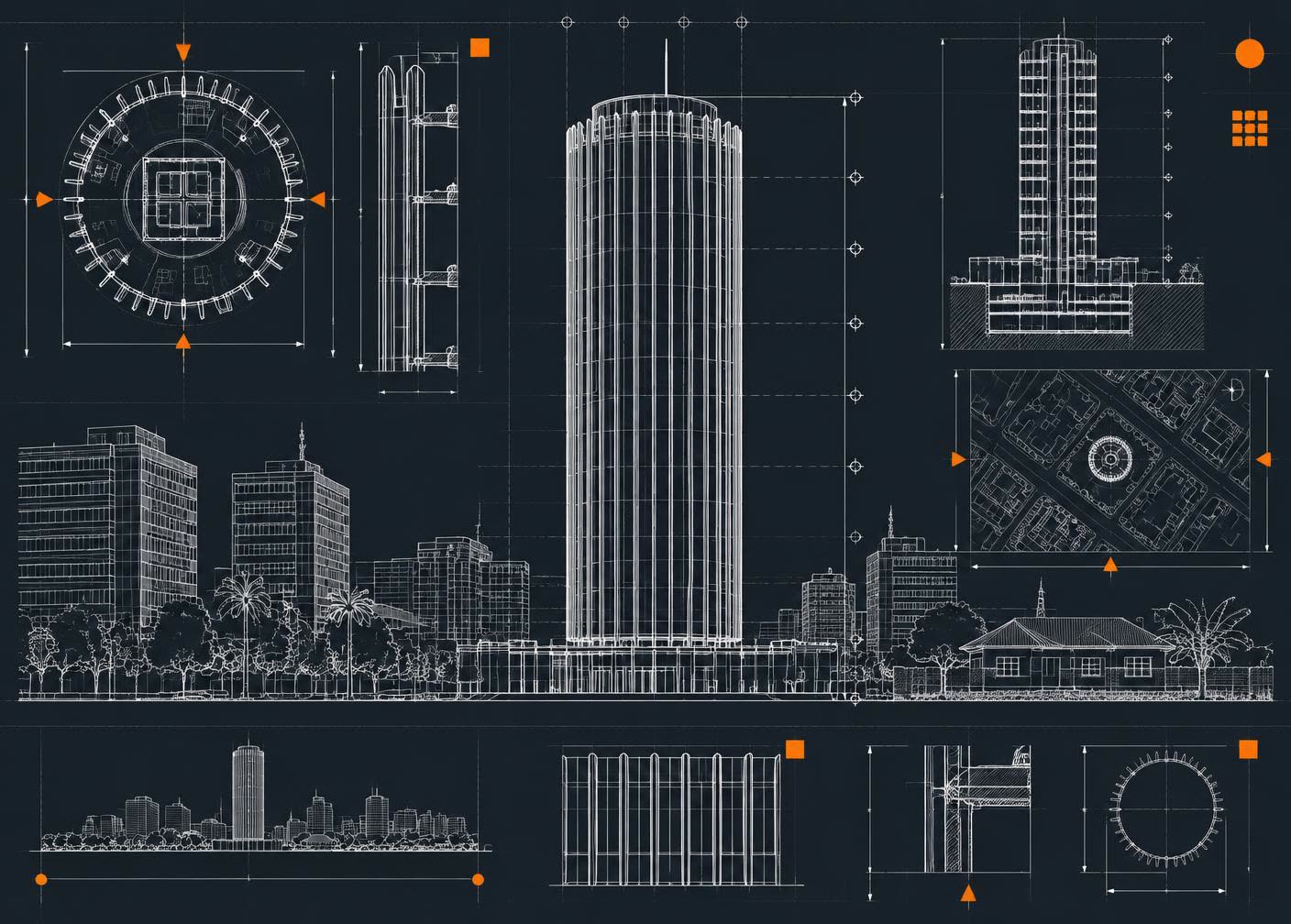Architectural line drawing of Lusaka's FINDECO House tower with surrounding city blocks