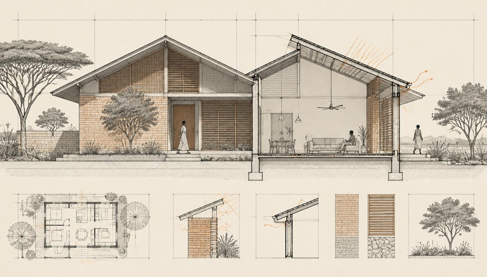 Architectural elevation and section drawing of a sustainable Zambian house