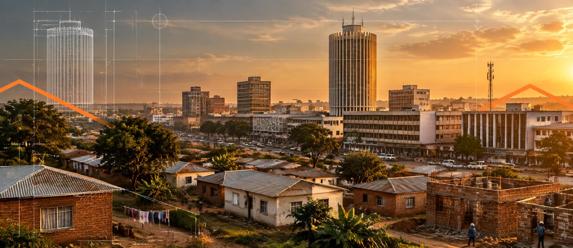 Architectural panorama of Lusaka: the FINDECO House tower above Cairo Road, with affordable Zambian housing in the foreground