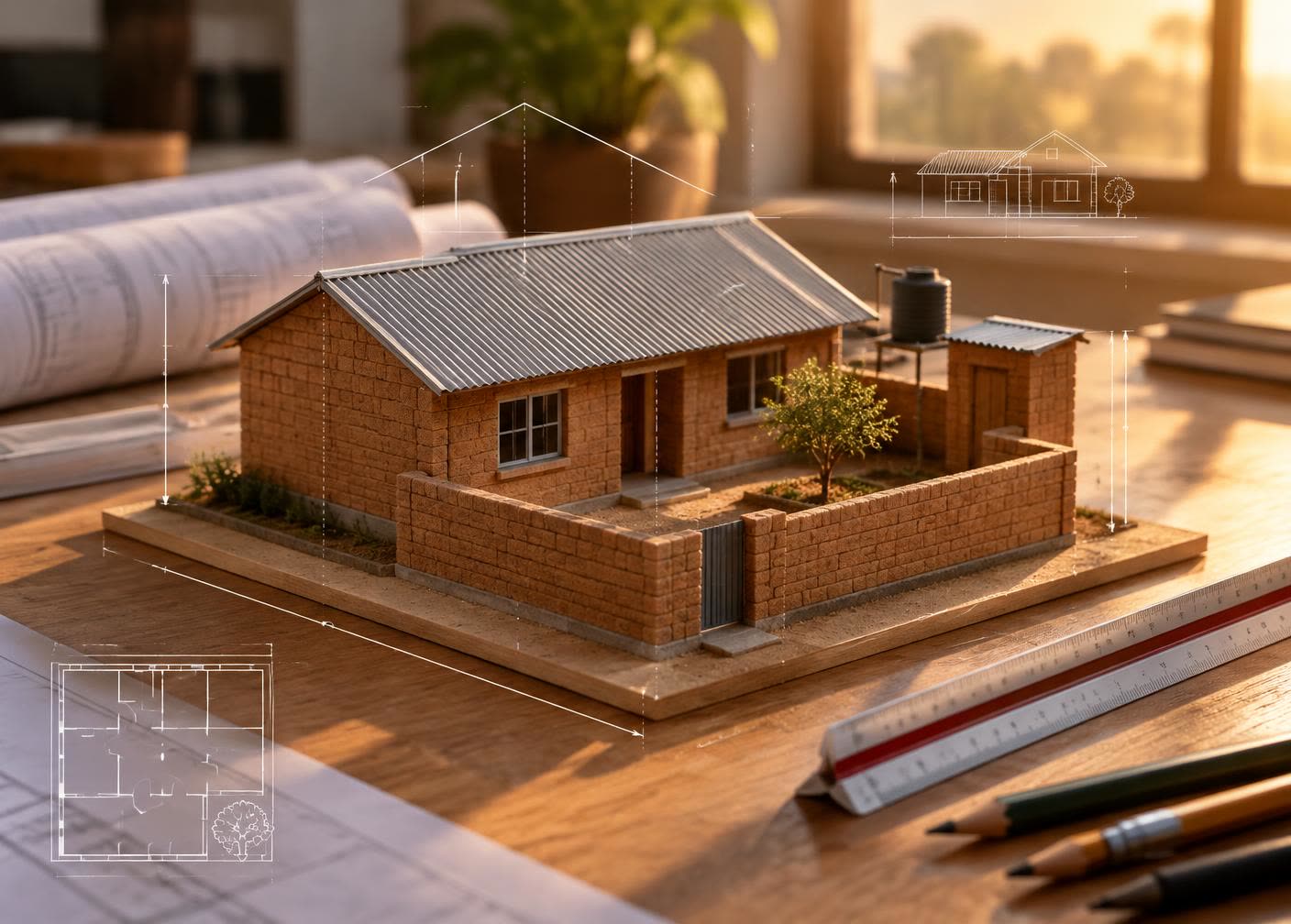 Scale model of an affordable Zambian house with a corrugated metal roof and walled courtyard, on an architect's desk